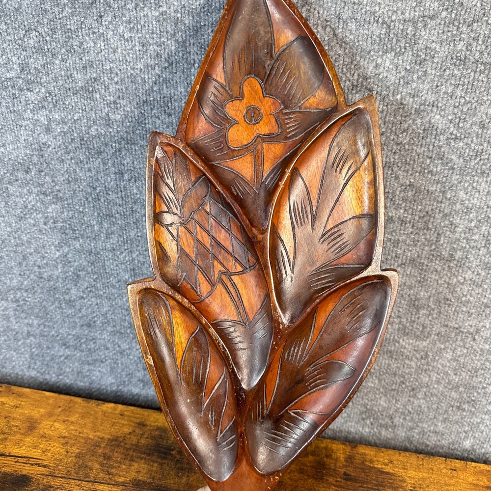 Vintage Hand Carved Wood Leaf Divided Floral Serving Dish 20" Artisan MCM Rustic